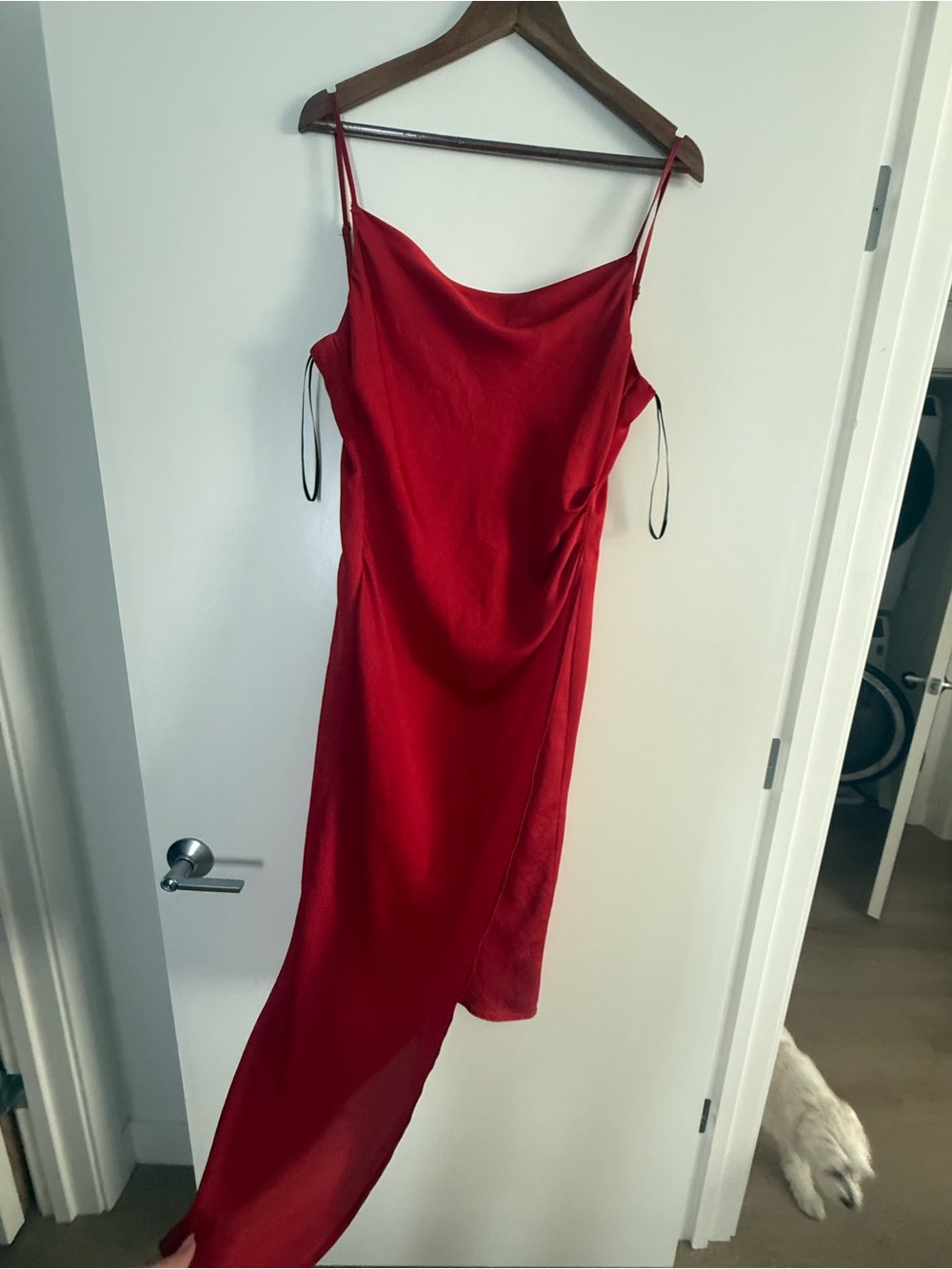 Red and Green Lulus Satin Slip Dresses with Asymmetric Hem